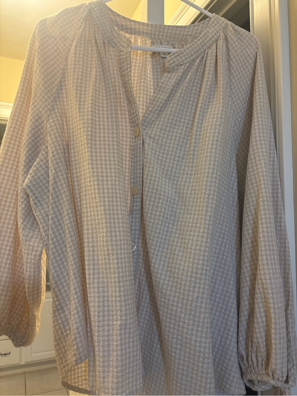 Light Beige Gingham Button Front Blouse